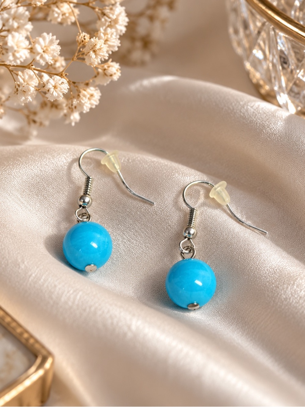 Italian Vintage Turquoise Imitation Dangle Earrings Rare Silver Tone